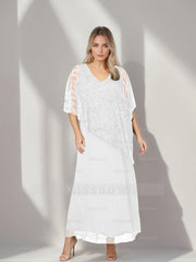 Plus Size V-Neck A-Line Princess Ankle-Length Mother of the Bride Dress with Asymmetrical Cape Popover and Half Sleeves