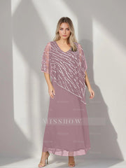 Plus Size V-Neck A-Line Princess Ankle-Length Mother of the Bride Dress with Asymmetrical Cape Popover and Half Sleeves