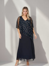 Plus Size V-Neck A-Line Princess Ankle-Length Mother of the Bride Dress with Asymmetrical Cape Popover and Half Sleeves