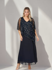 Plus Size V-Neck A-Line Princess Ankle-Length Mother of the Bride Dress with Asymmetrical Cape Popover and Half Sleeves