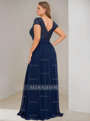 Plus Size V-Neck A-Line Princess Floor-Length Chiffon Mother Of The Bride Dress with Ribbon and Short Sleeves