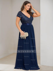 Plus Size V-Neck A-Line Princess Floor-Length Chiffon Mother Of The Bride Dress with Ribbon and Short Sleeves