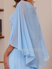 Plus Size V-Neck A-Line Princess Floor-Length Mother of the Bride Dress with Appliques Ruffles & Wrap in 2 Pics