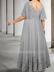 Plus Size V-Neck A-Line Princess Floor-Length Mother of the Bride Dress with Appliques and Half Sleeves