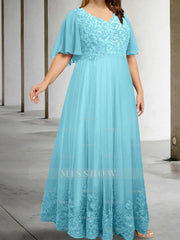 Plus Size V-Neck A-Line Princess Floor-Length Mother of the Bride Dress with Appliques and Half Sleeves