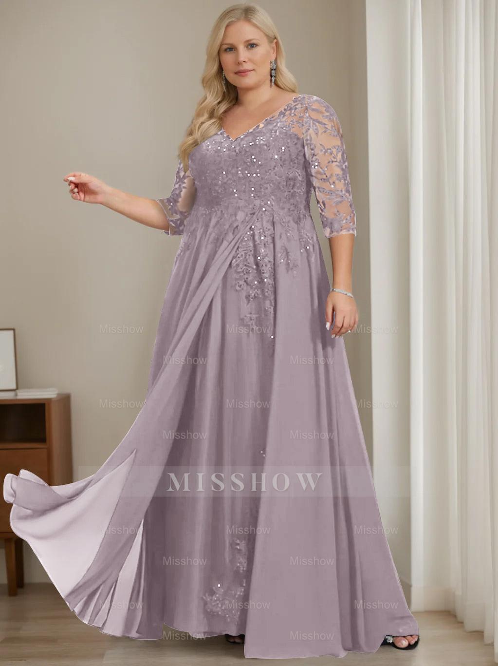 Plus Size V-Neck A-Line Princess Floor-Length Mother of the Bride Dress with Half Sleeves and Sequins