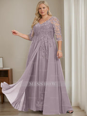 Plus Size V-Neck A-Line Princess Floor-Length Mother of the Bride Dress with Half Sleeves and Sequins