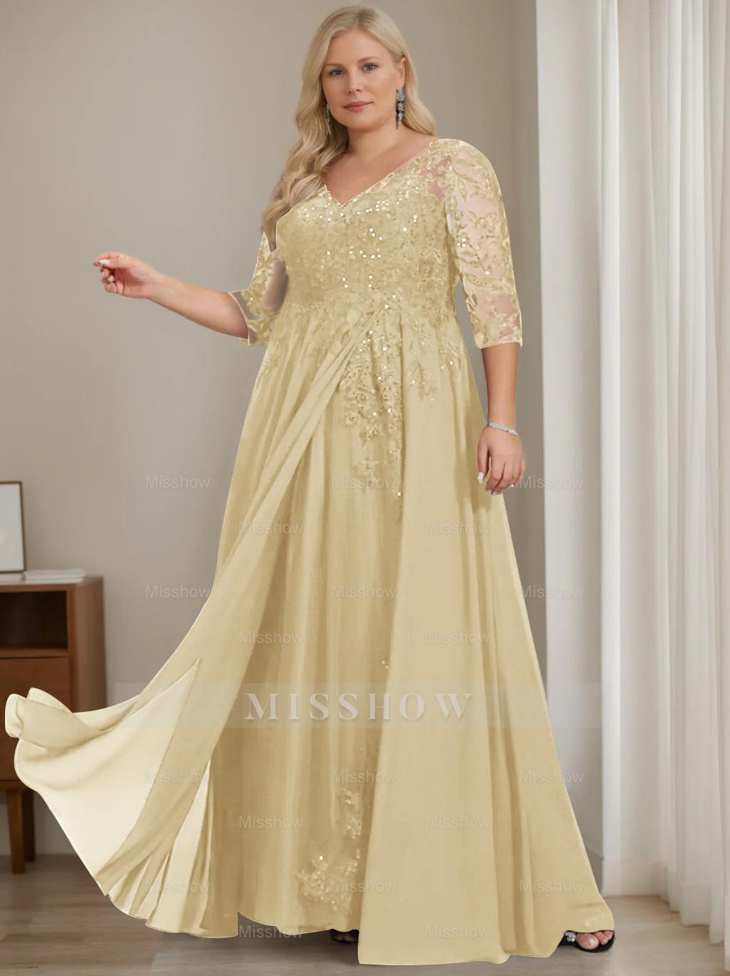 Plus Size V-Neck A-Line Princess Floor-Length Mother of the Bride Dress with Half Sleeves and Sequins
