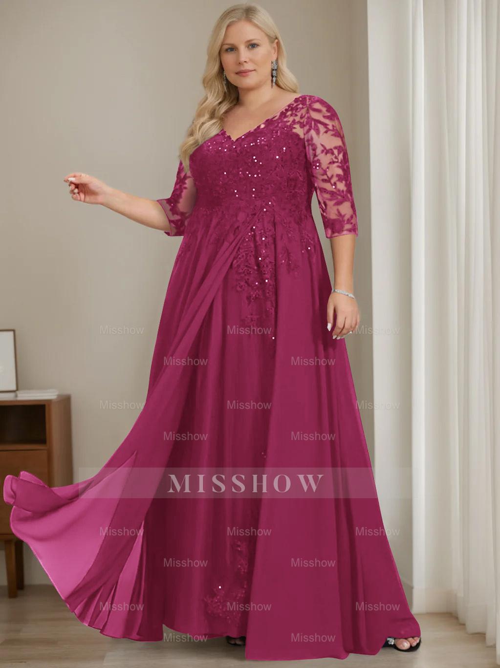 Plus Size V-Neck A-Line Princess Floor-Length Mother of the Bride Dress with Half Sleeves and Sequins