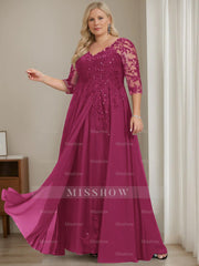 Plus Size V-Neck A-Line Princess Floor-Length Mother of the Bride Dress with Half Sleeves and Sequins