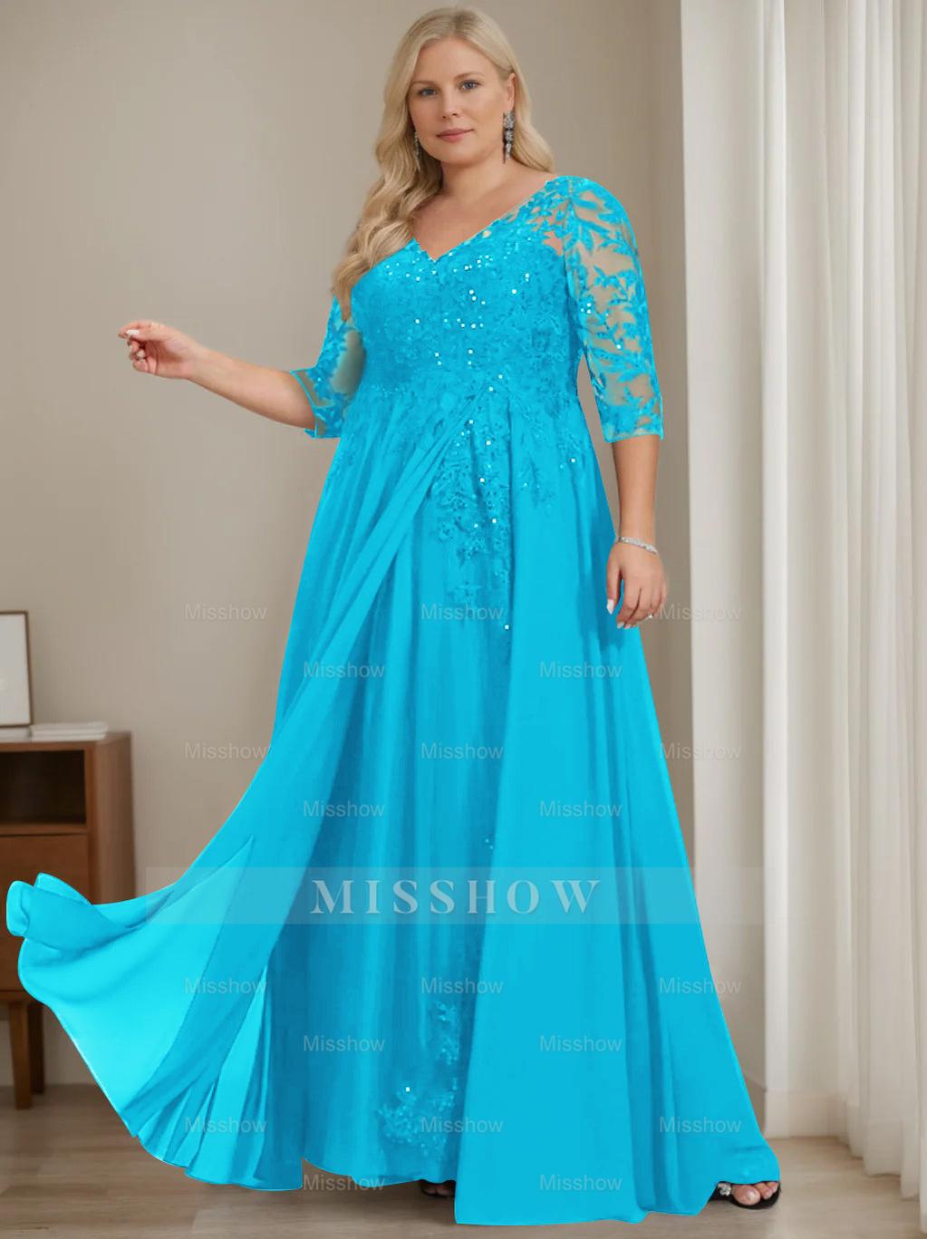 Plus Size V-Neck A-Line Princess Floor-Length Mother of the Bride Dress with Half Sleeves and Sequins