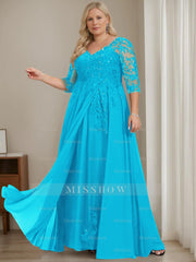 Plus Size V-Neck A-Line Princess Floor-Length Mother of the Bride Dress with Half Sleeves and Sequins