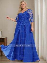 Plus Size V-Neck A-Line Princess Floor-Length Mother of the Bride Dress with Half Sleeves and Sequins