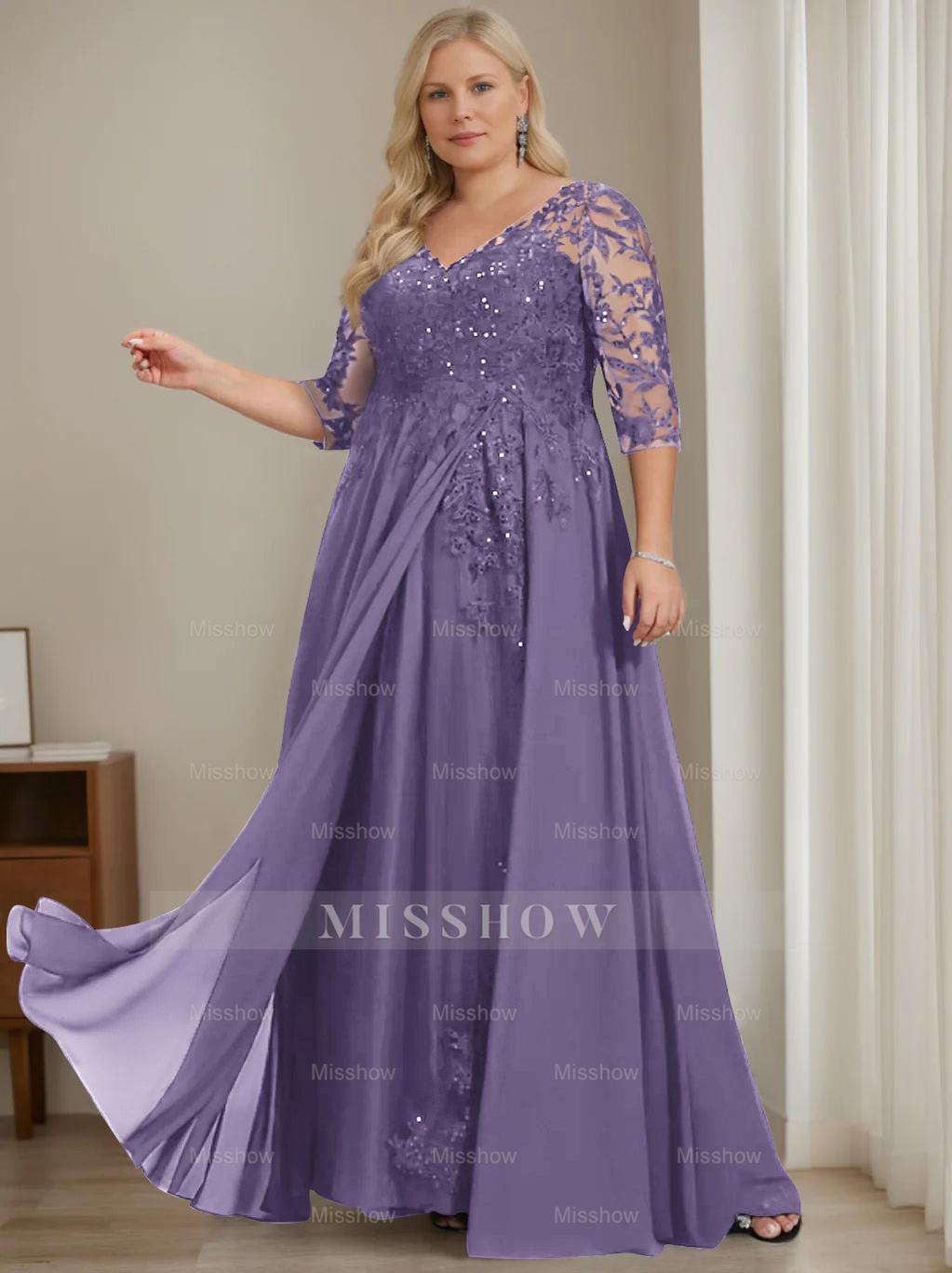 Plus Size V-Neck A-Line Princess Floor-Length Mother of the Bride Dress with Half Sleeves and Sequins