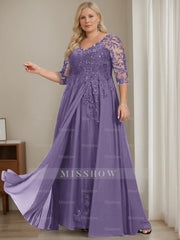 Plus Size V-Neck A-Line Princess Floor-Length Mother of the Bride Dress with Half Sleeves and Sequins