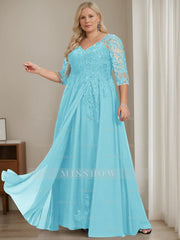 Plus Size V-Neck A-Line Princess Floor-Length Mother of the Bride Dress with Half Sleeves and Sequins