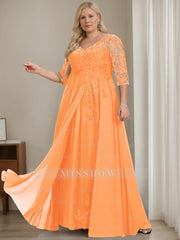 Plus Size V-Neck A-Line Princess Floor-Length Mother of the Bride Dress with Half Sleeves and Sequins