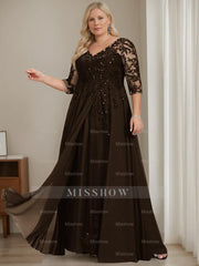 Plus Size V-Neck A-Line Princess Floor-Length Mother of the Bride Dress with Half Sleeves and Sequins