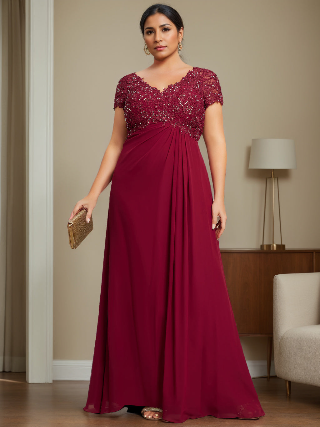 Plus Size V-Neck A-Line Princess Floor-Length Mother of the Bride Dress with Rhinestone and Pleated Details