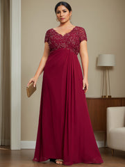 Plus Size V-Neck A-Line Princess Floor-Length Mother of the Bride Dress with Rhinestone and Pleated Details