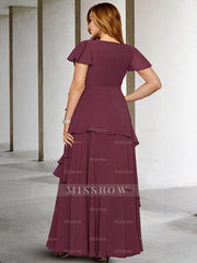 Plus Size V-Neck A-Line Princess Floor-Length Mother of the Bride Dress with Ruffles and Short Sleeves