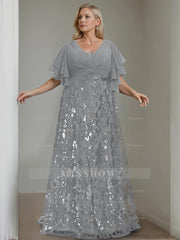 Plus Size V-Neck A-Line Princess Floor-Length Mother of the Bride Dress with Sequins and Half Sleeves