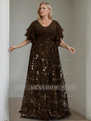 Plus Size V-Neck A-Line Princess Floor-Length Mother of the Bride Dress with Sequins and Half Sleeves