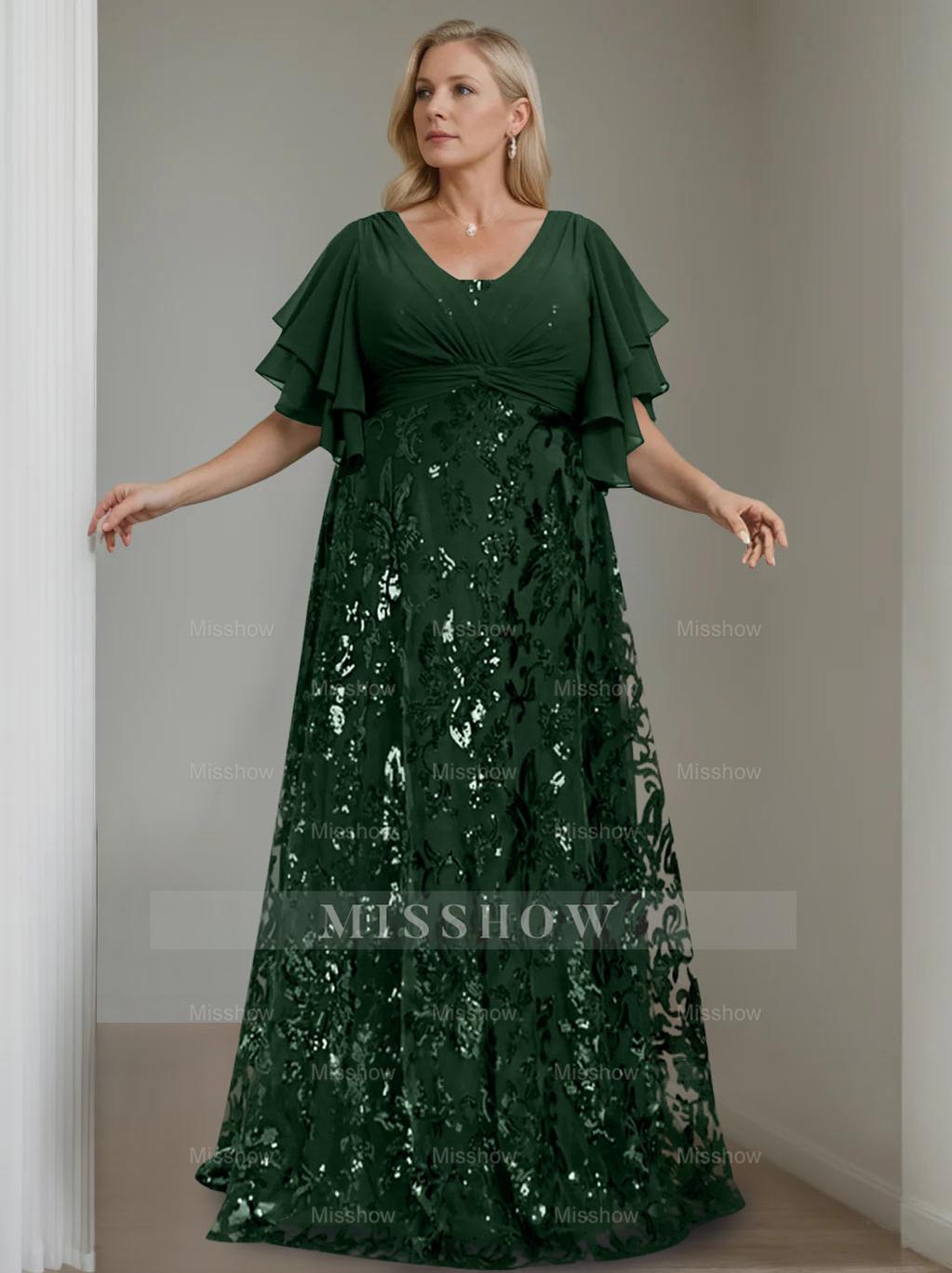 Plus Size V-Neck A-Line Princess Floor-Length Mother of the Bride Dress with Sequins and Half Sleeves