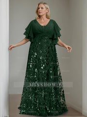 Plus Size V-Neck A-Line Princess Floor-Length Mother of the Bride Dress with Sequins and Half Sleeves