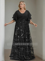 Plus Size V-Neck A-Line Princess Floor-Length Mother of the Bride Dress with Sequins and Half Sleeves