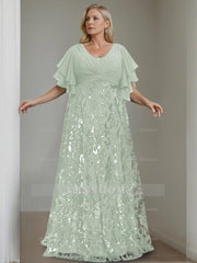 Plus Size V-Neck A-Line Princess Floor-Length Mother of the Bride Dress with Sequins and Half Sleeves