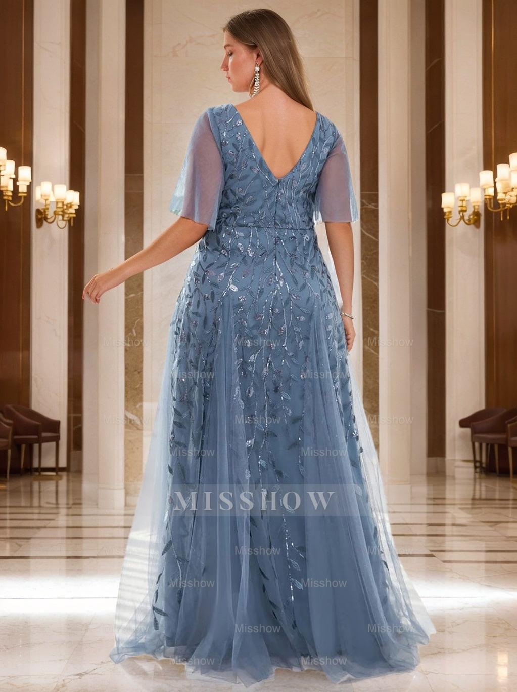 Plus Size V-Neck A-Line Princess Floor-Length Mother of the Bride Dress with Sequins and Short Sleeves