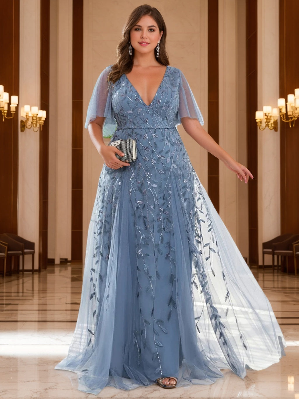Plus Size V-Neck A-Line Princess Floor-Length Mother of the Bride Dress with Sequins and Short Sleeves