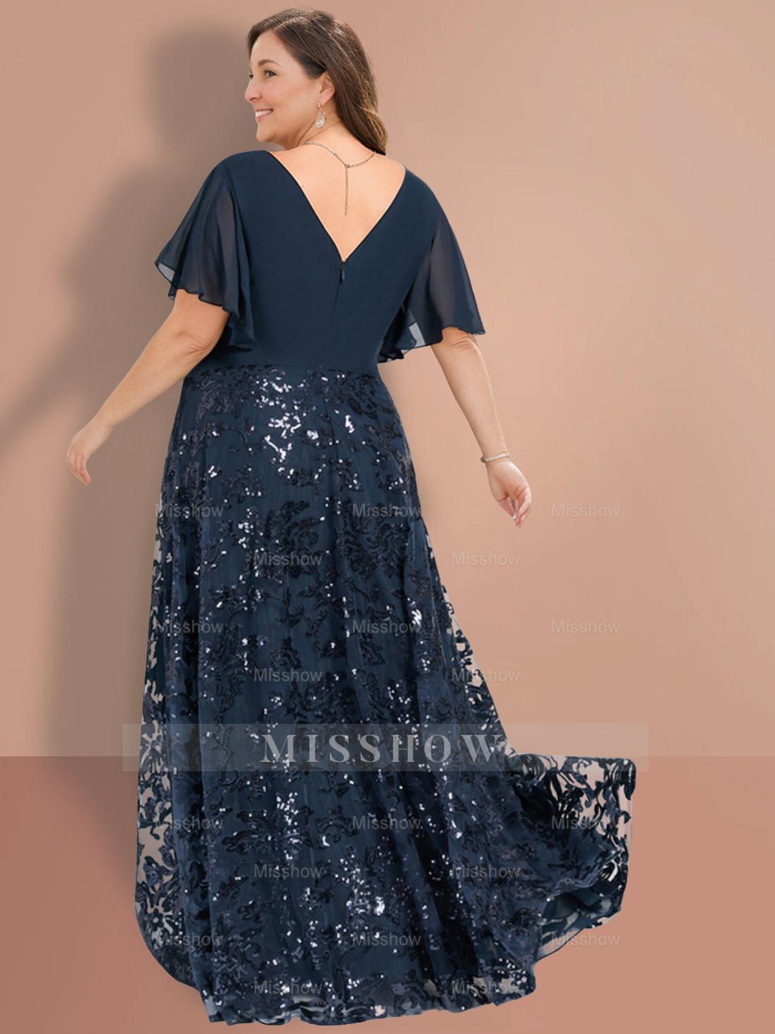 Plus Size V-Neck A-Line Princess Floor-Length Mother of the Bride Dress with Short Sleeves and Sequins