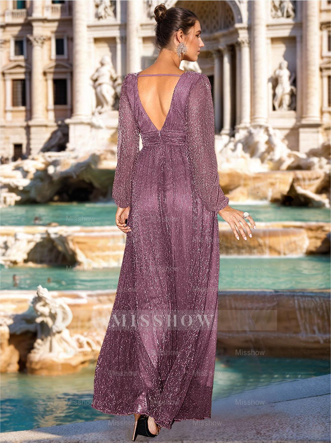 Plus Size V-Neck A-Line Princess Floor-Length Mother of the Bride/Groom Dress with Long Sleeves and Ruffles