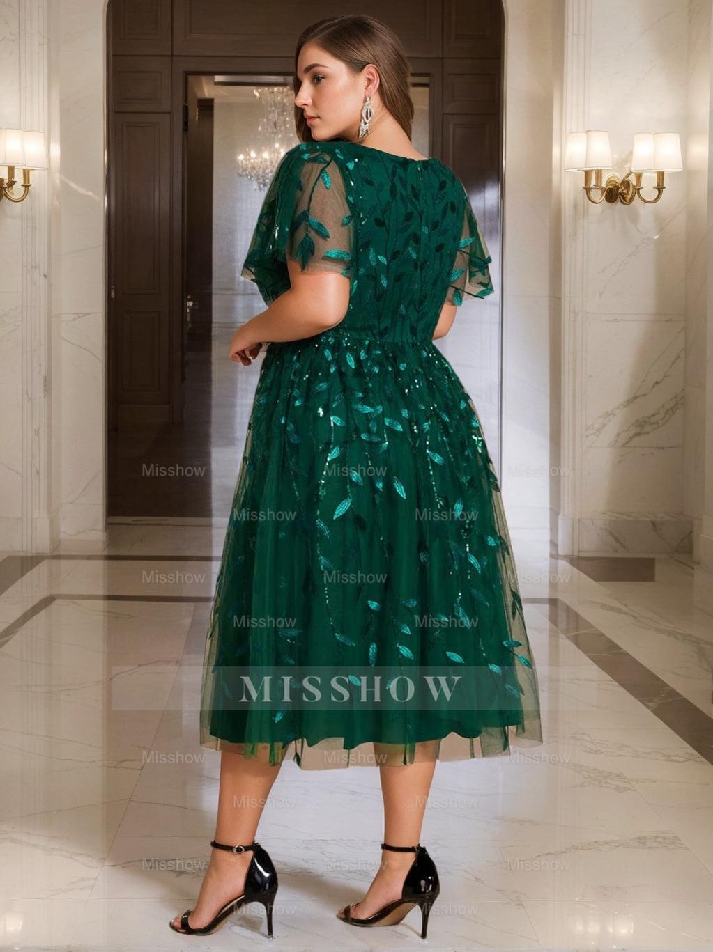 Plus Size V-Neck A-Line Princess Tea-Length Mother of the Bride Dress with Short Sleeves and Sequins