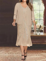 Plus Size V-Neck Chiffon Mother of the Bride Dress Set with Jacket and Sequins Knee-Length