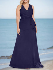 Plus Size V-Neck Sleeveless Floor-Length Trumpet/Mermaid Mother of the Bride Dresses with Ruffles