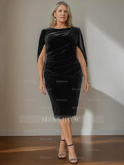 Plus Size Velvet Mother of the Bride A-Line Dress with Scoop Neck and Ruffled Knee-Length Hem