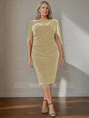 Plus Size Velvet Mother of the Bride A-Line Dress with Scoop Neck and Ruffled Knee-Length Hem