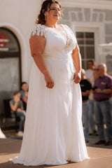 Plus Size White A-Line Wedding Dress Scoop Neck Sheer Lace Cap Sleeves 3D Leaf Applique Chiffon Boho Bridal Gown with Sweep Train