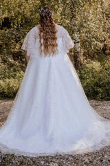 Plus Size White A-Line Wedding Dress V Neck Flutter Cape Sleeves Floral Embroidery Crystal Belt Glitter Tulle Bridal Gown with Sweep Train