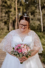 Plus Size White A-Line Wedding Dress V Neck Flutter Cape Sleeves Floral Embroidery Crystal Belt Glitter Tulle Bridal Gown with Sweep Train