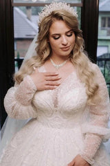Plus Size White Ball Gown Wedding Dress V Neck Long Puff Sleeves Pearl Beaded Sequin Lace Luxury Princess Bridal Gown