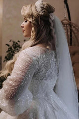 Plus Size White Ball Gown Wedding Dress V Neck Long Puff Sleeves Pearl Beaded Sequin Lace Luxury Princess Bridal Gown