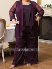 Plus-size 3/4 sleeve round-neck polyester mother-of-the-bride dress set with jacket