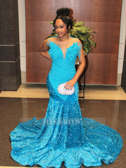 Pool Blue Pearl Beaded Mermaid Prom Dress Deep V Neck 3D Sculptural Beading Sequin Skirt Evening Gown with Sweep Train