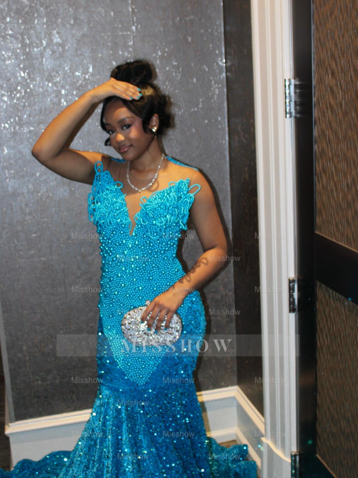 Pool Blue Pearl Beaded Mermaid Prom Dress Deep V Neck 3D Sculptural Beading Sequin Skirt Evening Gown with Sweep Train