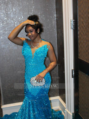 Pool Blue Pearl Beaded Mermaid Prom Dress Deep V Neck 3D Sculptural Beading Sequin Skirt Evening Gown with Sweep Train