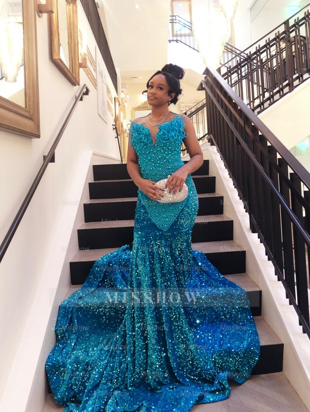 Pool Blue Pearl Beaded Mermaid Prom Dress Deep V Neck 3D Sculptural Beading Sequin Skirt Evening Gown with Sweep Train